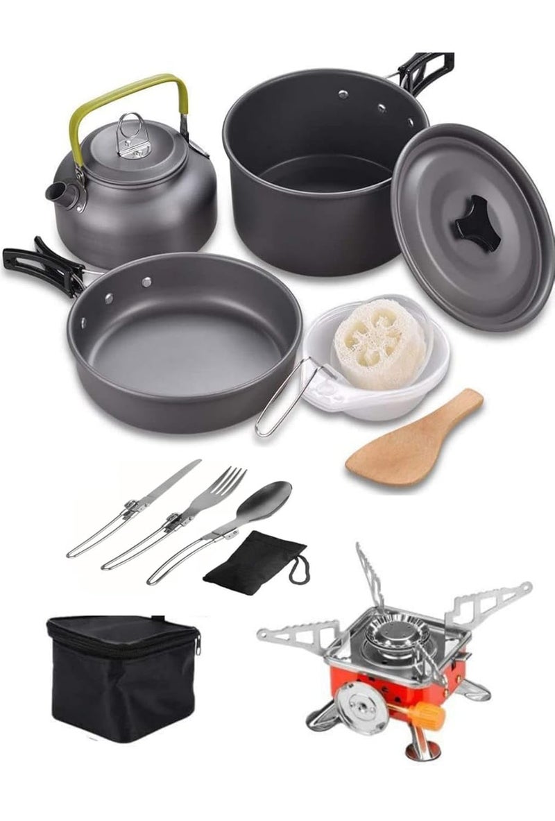 DPCR Camping Cookware Mess Kit with Gas Stove and Spoon, Lightweight Hiking Cookware Set with Mesh Bag, Nonstick Aluminum Cooking Kit, Pot Pan Kettle Backpacking Mess Kit with Bowls (3-4 Person) - Image 1