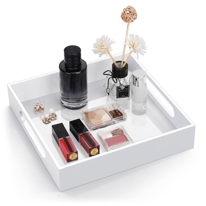 HOME DECORATIVE COFFEE TABLE TRAY 10X10 ELEGANT ACRYLIC SERVING TRAYS WITH HANDLES WORKS FOR EATING BREAKFAST MAKEUP DRAWER ORGANIZERBATHROOM VANITY TABLEOTTOMAN TRAY WHITE