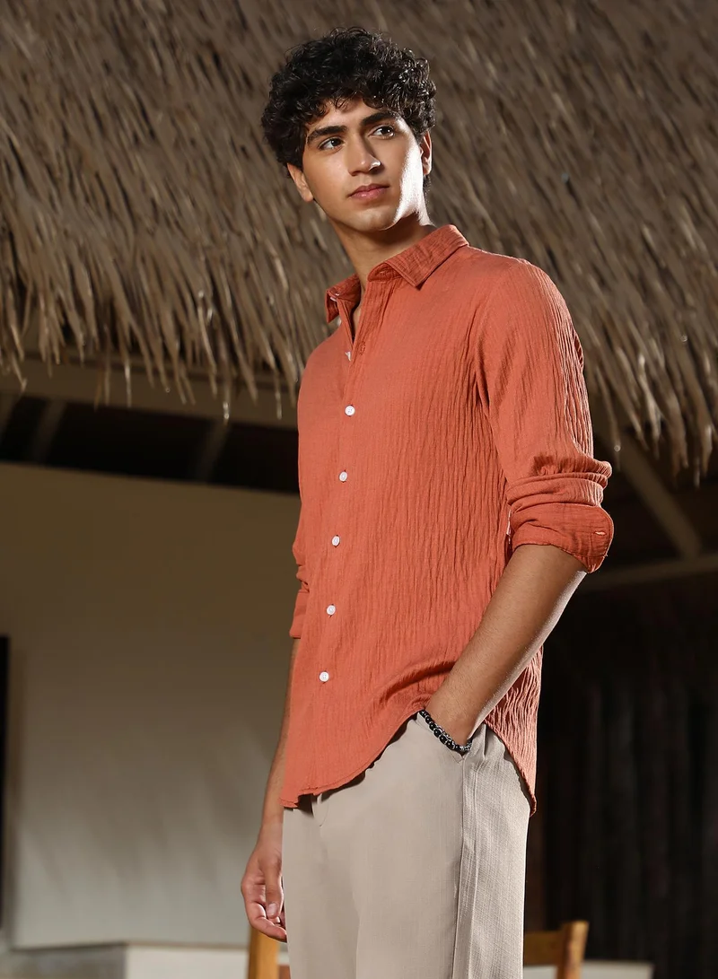 CAHOOT Orange Men's Saffron Orange Solid Creased-Tactile Shirt for Men | Best Price UAE