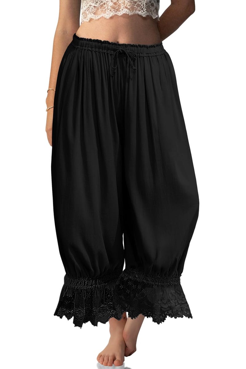 TARSE Women Linen Lace Trim Long Bloomers Pants Y2K Ruffle Victorian Vintage Pantaloons Summer Beach Travel Vacation Pants(Black, S) - Image 1