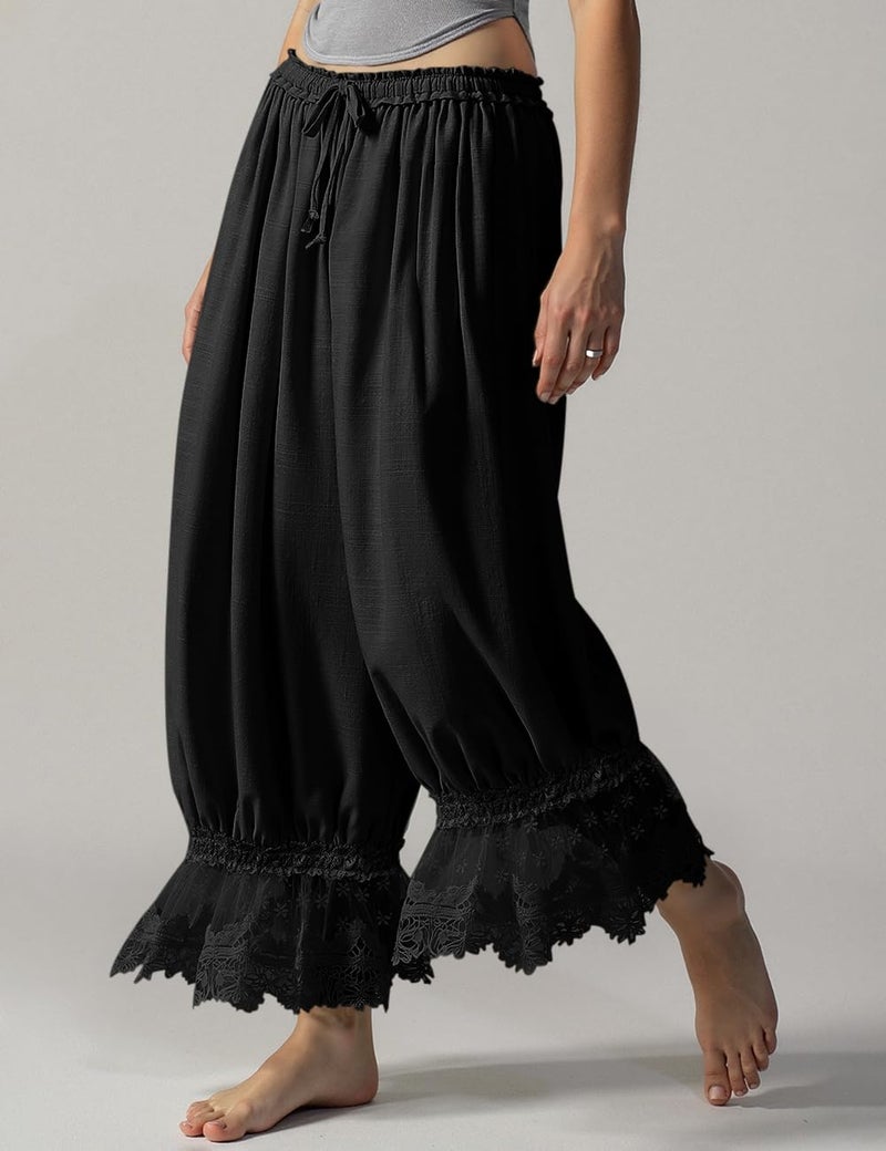 TARSE Women Linen Lace Trim Long Bloomers Pants Y2K Ruffle Victorian Vintage Pantaloons Summer Beach Travel Vacation Pants(Black, S) - Image 5