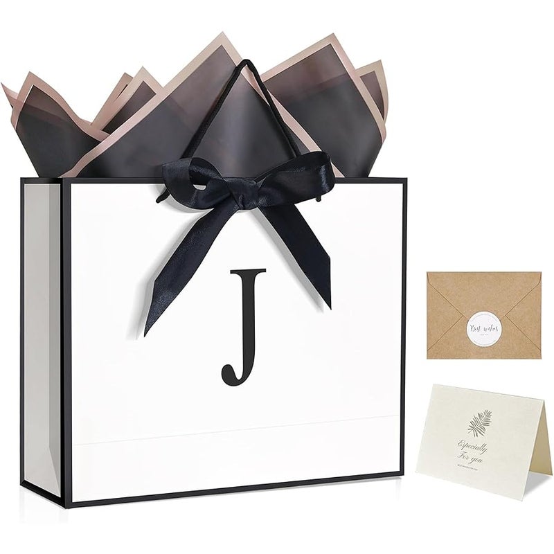 QLSKO Personalized Gift Wrap Bag Set, Monogrammed Initial, Card, Envelope, Sticker, Ribbon, Tissue (White, J-Medium) - Image 1