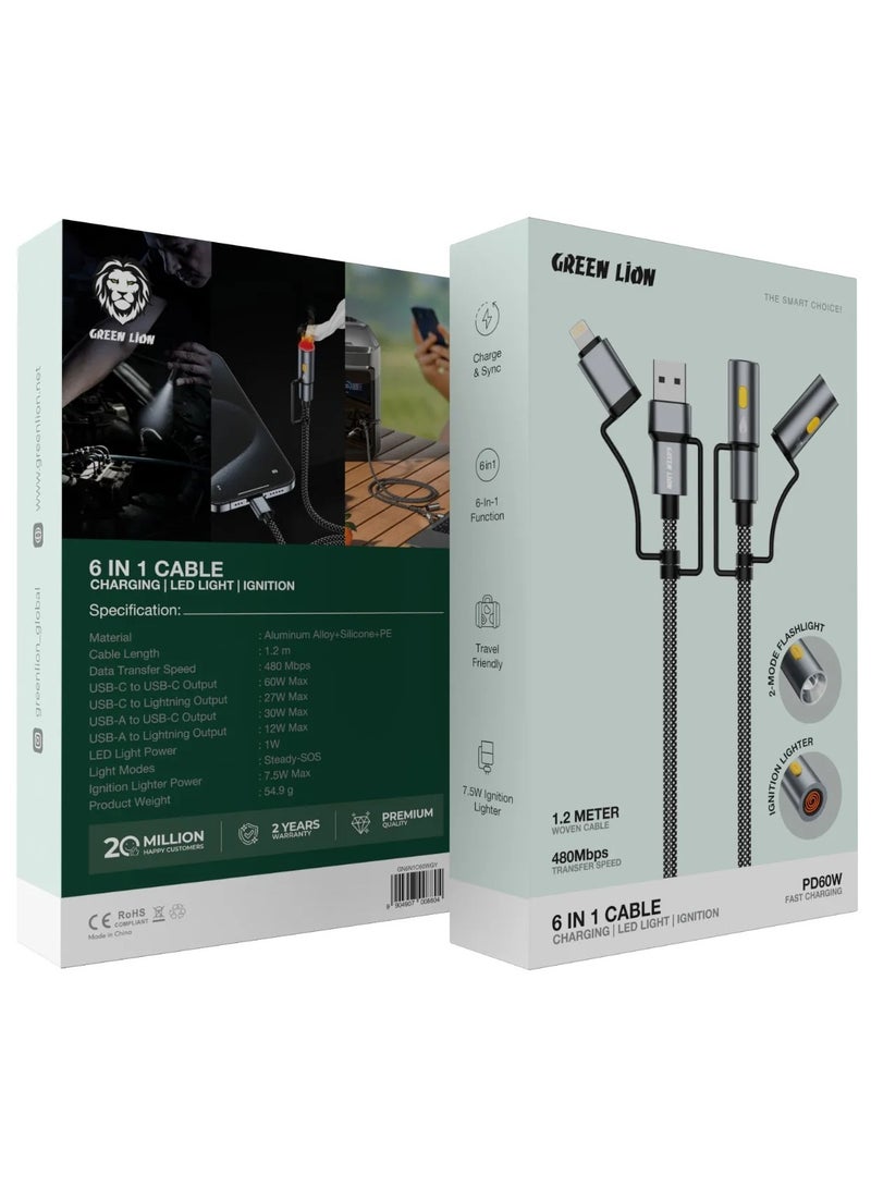 GREEN LION 6 in1 USB-C Charging Cable 60W PD / LED Light & SOS / 1.2m Multifunctional Travel Cable for Fast Charge & Data Sync - Gray - Image 5