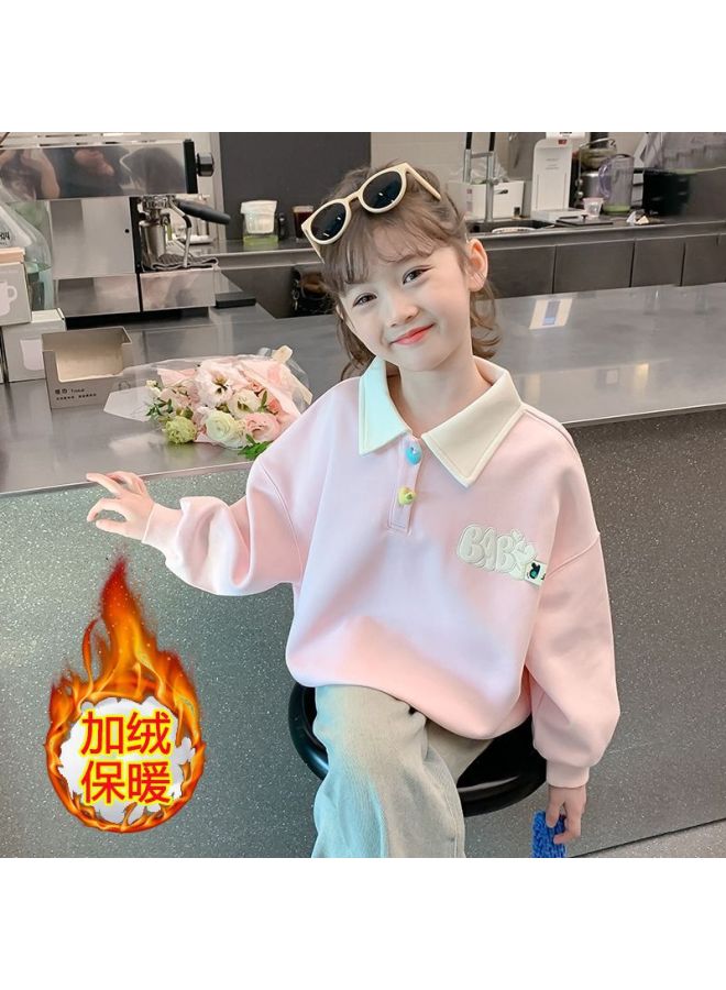 Girls' Korean Fashion Fleece-lined Thick Sweatshirt Autumn And Winter New Children's Girl Spliced Turn-down Collar Faux Two-piece Top