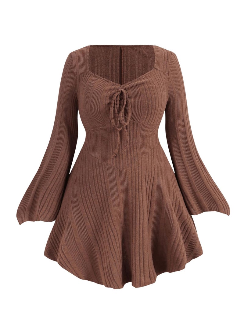 Verdusa Womens Plus Size Sweater Dress Fall Dresses Bell Long Sleeve Lightweight Short Sweater Dresses Corset Dress Brown X-Large Plus - Image 1