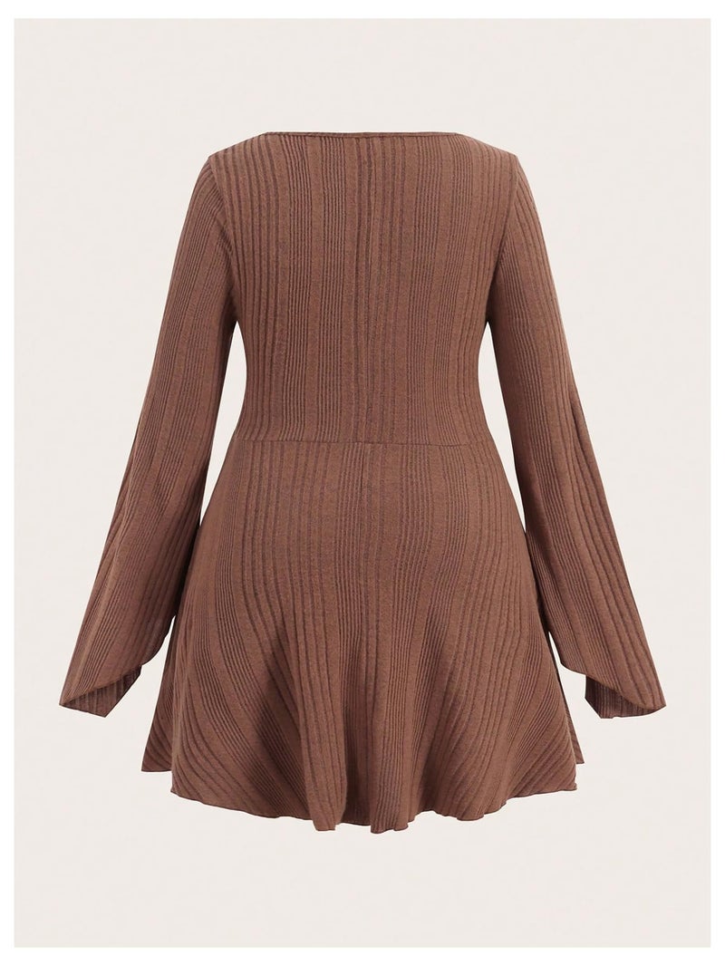 Verdusa Womens Plus Size Sweater Dress Fall Dresses Bell Long Sleeve Lightweight Short Sweater Dresses Corset Dress Brown X-Large Plus - Image 2
