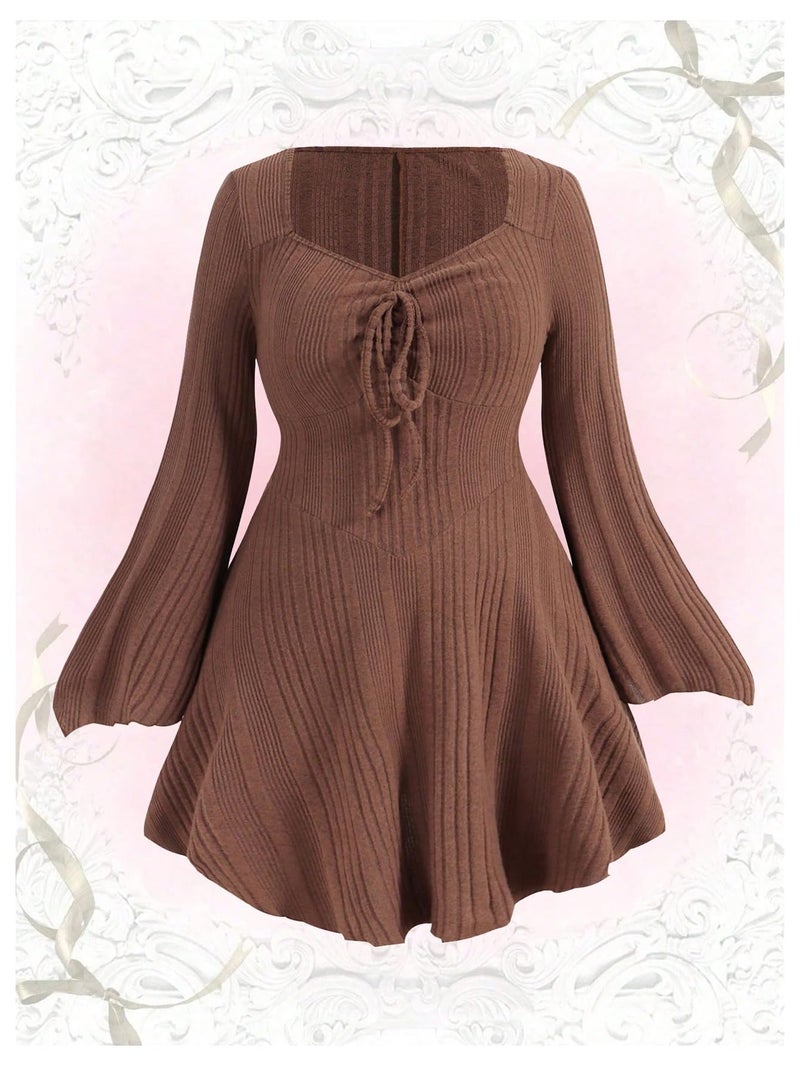 Verdusa Womens Plus Size Sweater Dress Fall Dresses Bell Long Sleeve Lightweight Short Sweater Dresses Corset Dress Brown X-Large Plus - Image 5