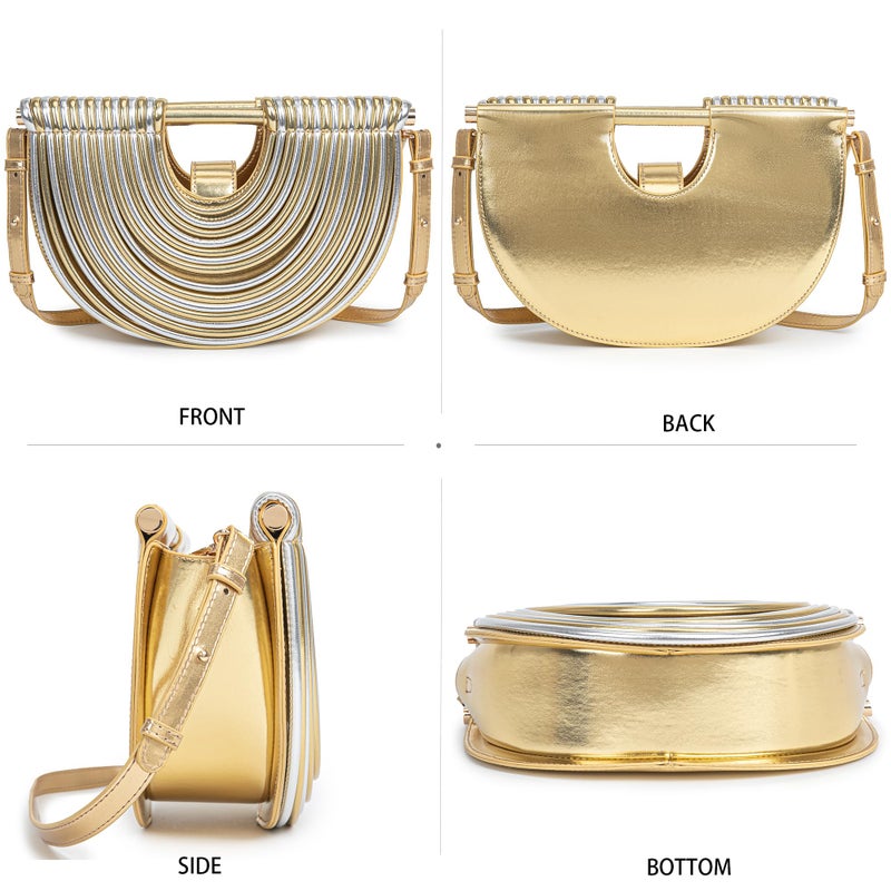 BBTT.ful Trendy Woven Evening Clutch Purses Half Round PU Leather Designer Shoulder/Crossbody bags Satchel Handbags Top-Handle Handbags(gold and silver) - Image 3