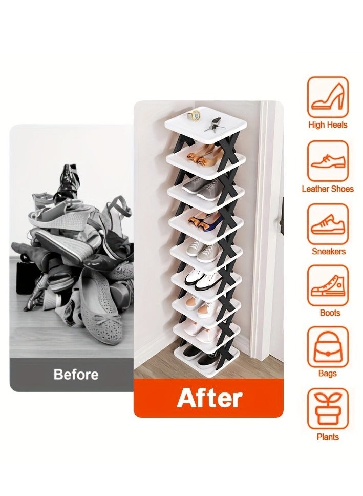 XiuWoo 9-tier shoe rack, space-saving vertical shoe rack, tall and narrow shoe rack for entryway, closet, hallway, bathroom, dormitory, plastic stackable shoe rack, easy to assemble, black and white  - Image 2