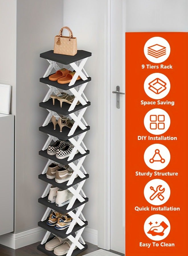 XiuWoo 9-tier shoe rack, space-saving vertical shoe rack, tall and narrow shoe rack for entryway, closet, hallway, bathroom, dormitory, plastic stackable shoe rack, easy to assemble, black and white  - Image 1