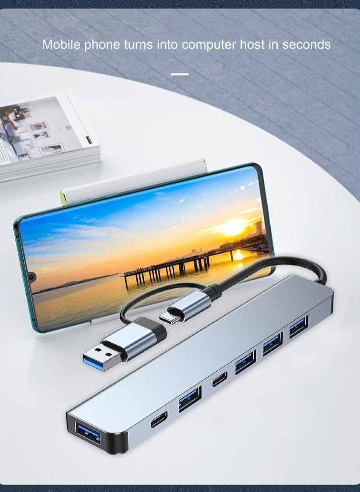 7-in-1 USB Hub Docking Station with Dual Input (USB-C & USB-A) – 5 USB 3.0 Ports + 2 Type-C Outputs – Multiport Adapter for Laptop, Phone, Tablet – OTG Compatible, Aluminum Shell, Plug & Play – Boxed  - Image 3