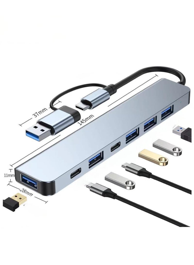7-in-1 USB Hub Docking Station with Dual Input (USB-C & USB-A) – 5 USB 3.0 Ports + 2 Type-C Outputs – Multiport Adapter for Laptop, Phone, Tablet – OTG Compatible, Aluminum Shell, Plug & Play – Boxed  - Image 2
