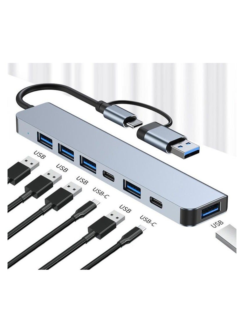 7-in-1 USB Hub Docking Station with Dual Input (USB-C & USB-A) – 5 USB 3.0 Ports + 2 Type-C Outputs – Multiport Adapter for Laptop, Phone, Tablet – OTG Compatible, Aluminum Shell, Plug & Play – Boxed