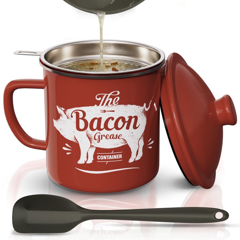 Bacon Grease Container With Strainer 46OZ Large Enamel Grease Container With Silicone Spatula Farmhouse Bacon Grease Keeper Cooking Oil Container For Kitchen Fat Storage Dishwasher SafeRed
