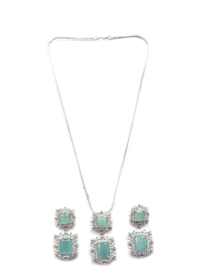 StileAdda Silver Plated & Cubic Zirconia Studded Jewellery Set with Necklace, Earrings, and Maang Tikka - Image 2