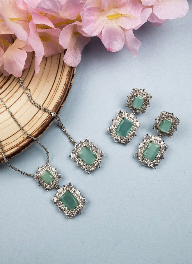StileAdda Silver Plated & Cubic Zirconia Studded Jewellery Set with Necklace, Earrings, and Maang Tikka - Image 1