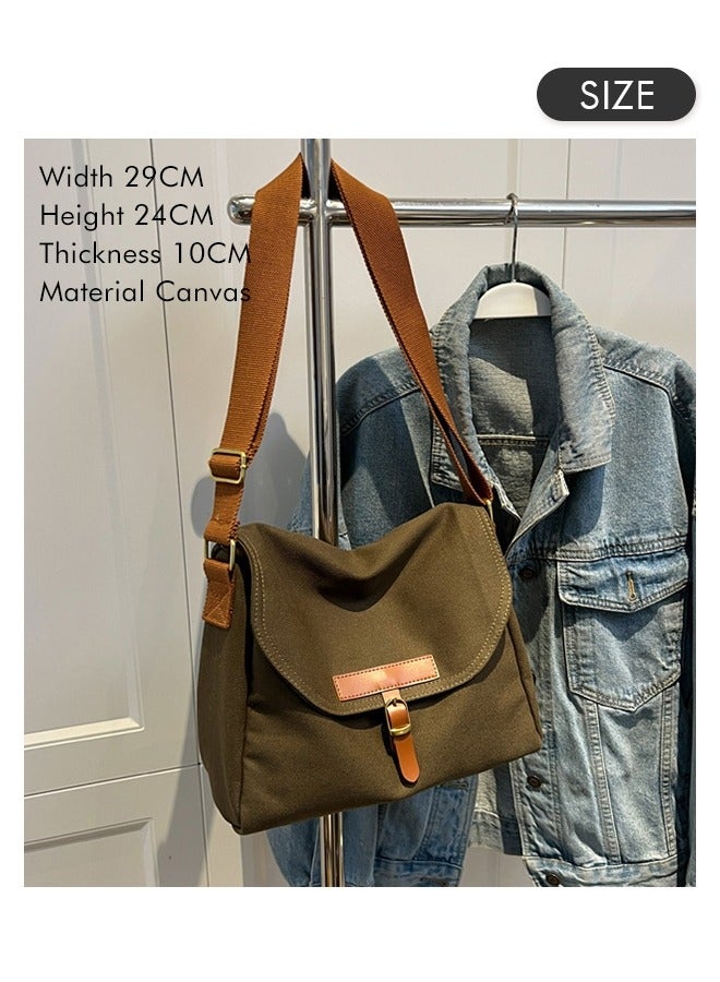 Women's Canvas Bag Large Capacity One Shoulder Messenger Tote Bag Casual Solid Color Versatile Work Commuting Bag (Green)  - Image 1