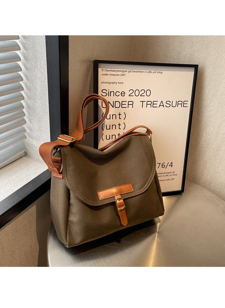 Women's Canvas Bag Large Capacity One Shoulder Messenger Tote Bag Casual Solid Color Versatile Work Commuting Bag (Green)  - Image 2