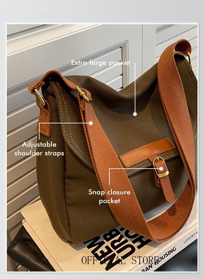 Women's Canvas Bag Large Capacity One Shoulder Messenger Tote Bag Casual Solid Color Versatile Work Commuting Bag (Green)  - Image 3