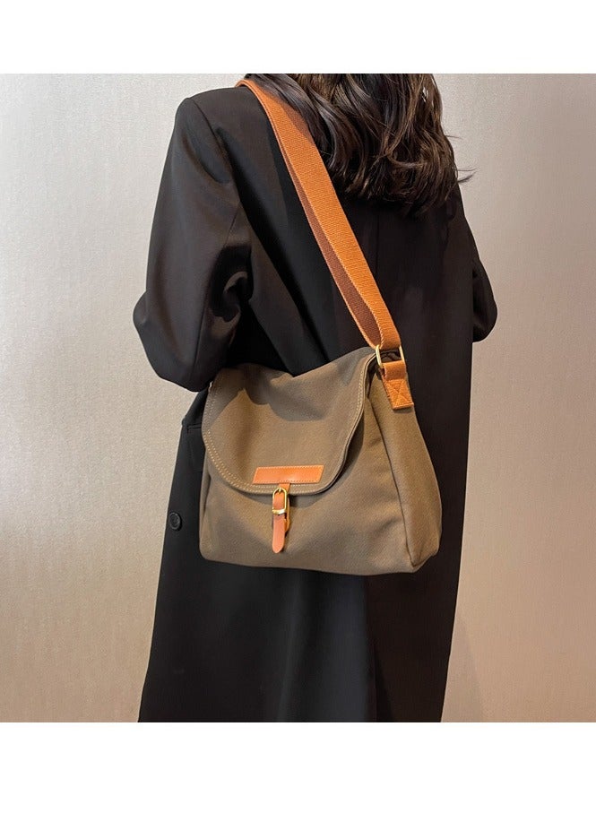 Women's Canvas Bag Large Capacity One Shoulder Messenger Tote Bag Casual Solid Color Versatile Work Commuting Bag (Green)  - Image 4
