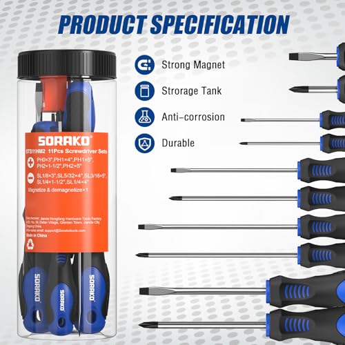 SORAKO 11-Piece Magnetic Screwdriver Set, 5 Phillips and 5 Slotted Tips, Include Magnetizer, Screwdriver with Professional Non-Slip Grip, for Home Repair and DIY Projects，With Case - Image 4