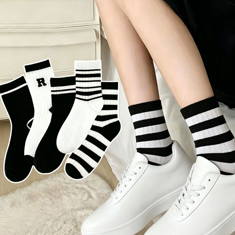 10Pairs Women Stripe Crew Socks Black White Breathable Moisture Wicking Mid Calf Casual Sports Socks for Daily Streetwear - Image 5