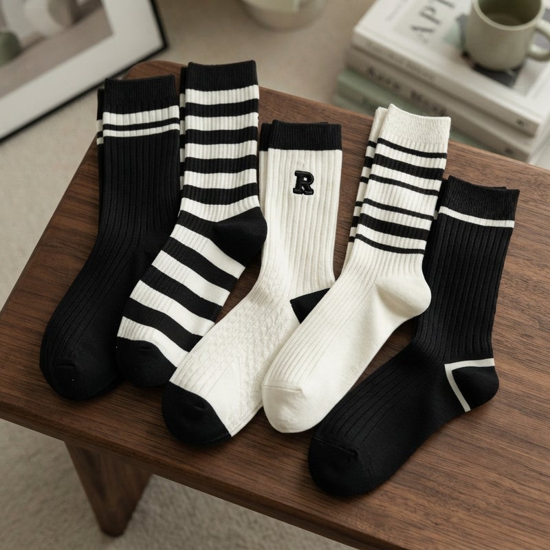 10Pairs Women Stripe Crew Socks Black White Breathable Moisture Wicking Mid Calf Casual Sports Socks for Daily Streetwear - Image 1