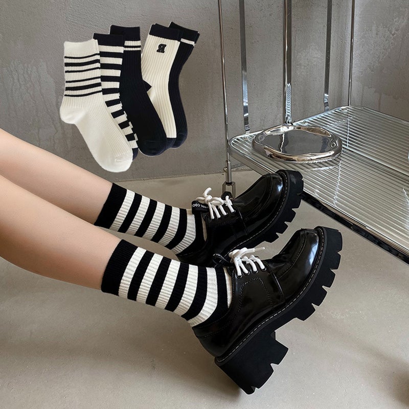 10Pairs Women Stripe Crew Socks Black White Breathable Moisture Wicking Mid Calf Casual Sports Socks for Daily Streetwear - Image 4
