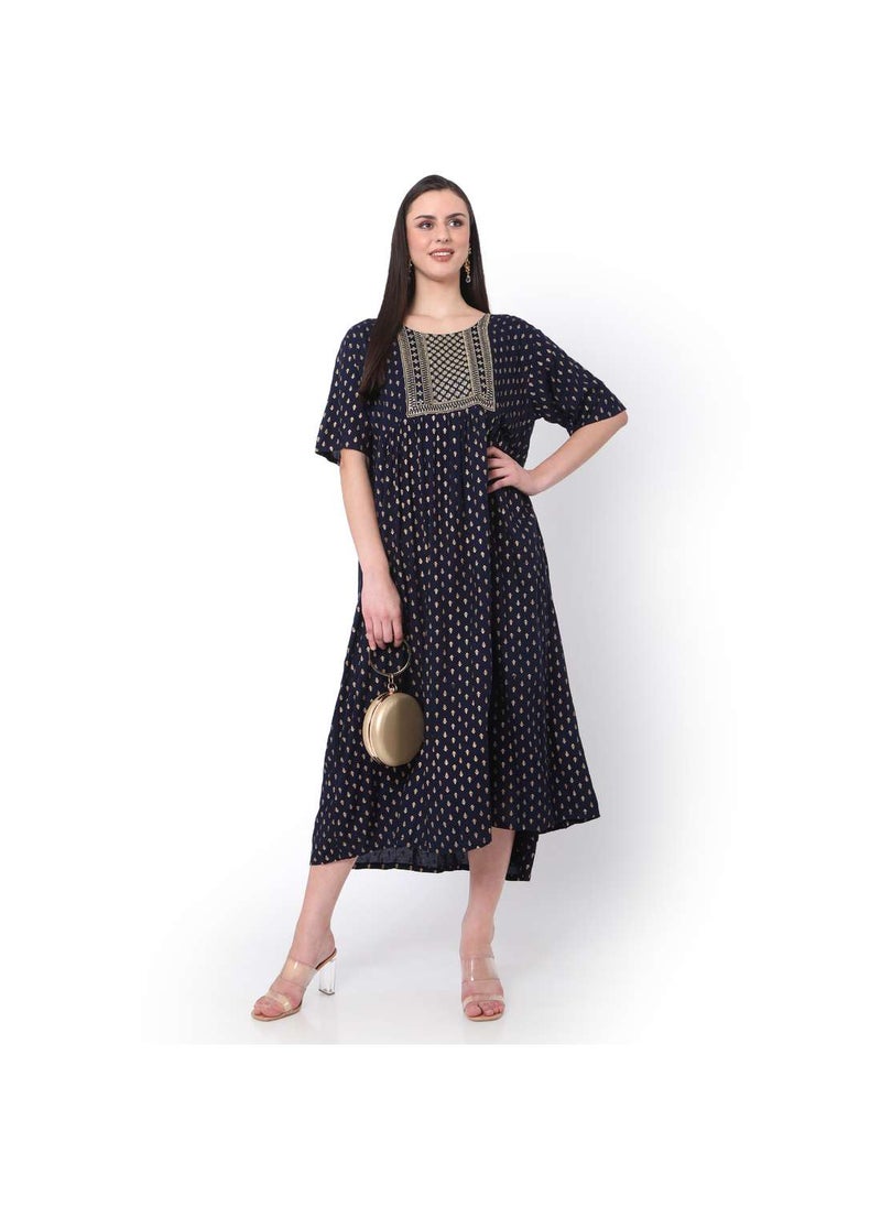 HANA & SARA - SHORT BLUE DRESS WITH GOLD PRINT AND EMBROIDRED ARABIC JALABIYA DRESS - Image 1