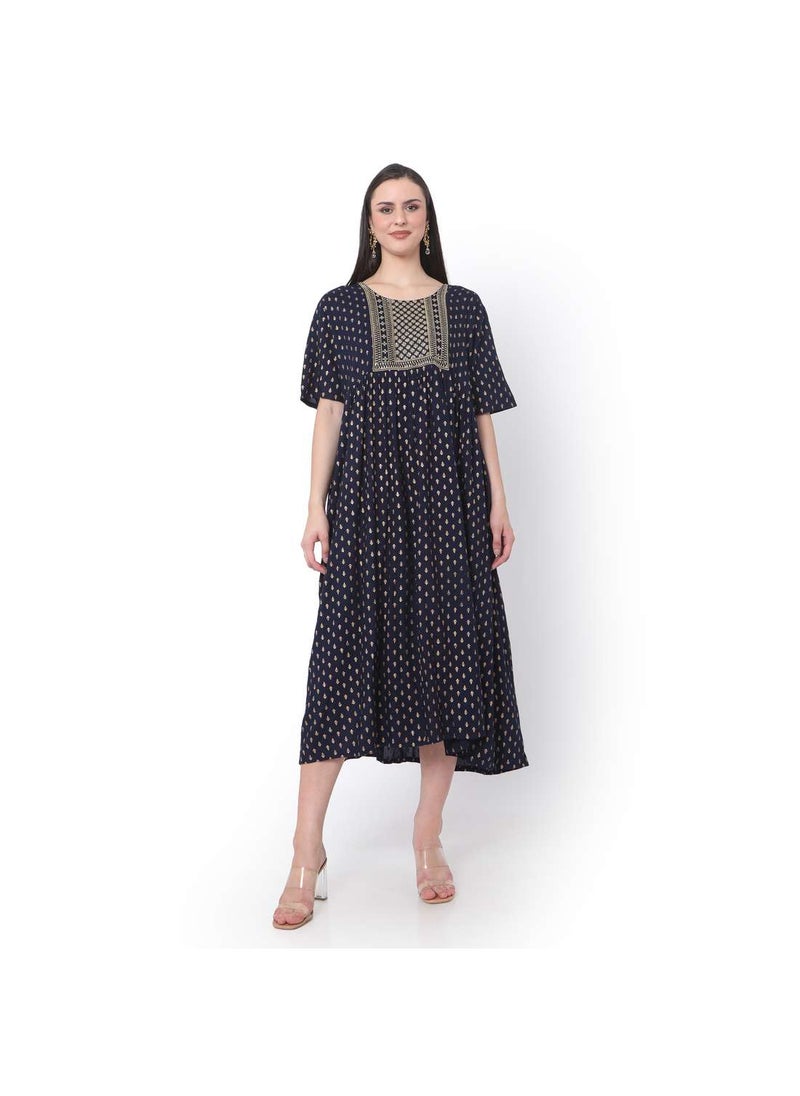 HANA & SARA - SHORT BLUE DRESS WITH GOLD PRINT AND EMBROIDRED ARABIC JALABIYA DRESS - Image 1