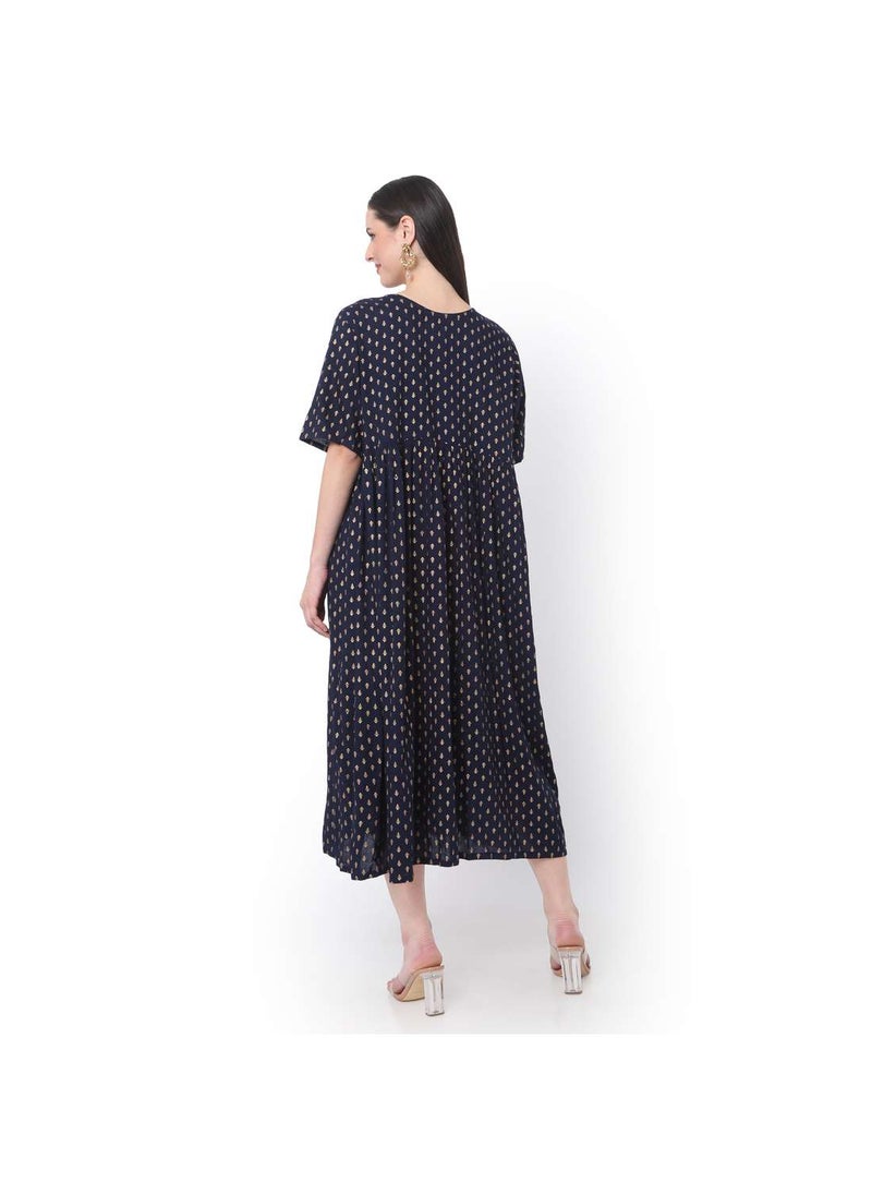 HANA & SARA - SHORT BLUE DRESS WITH GOLD PRINT AND EMBROIDRED ARABIC JALABIYA DRESS - Image 1