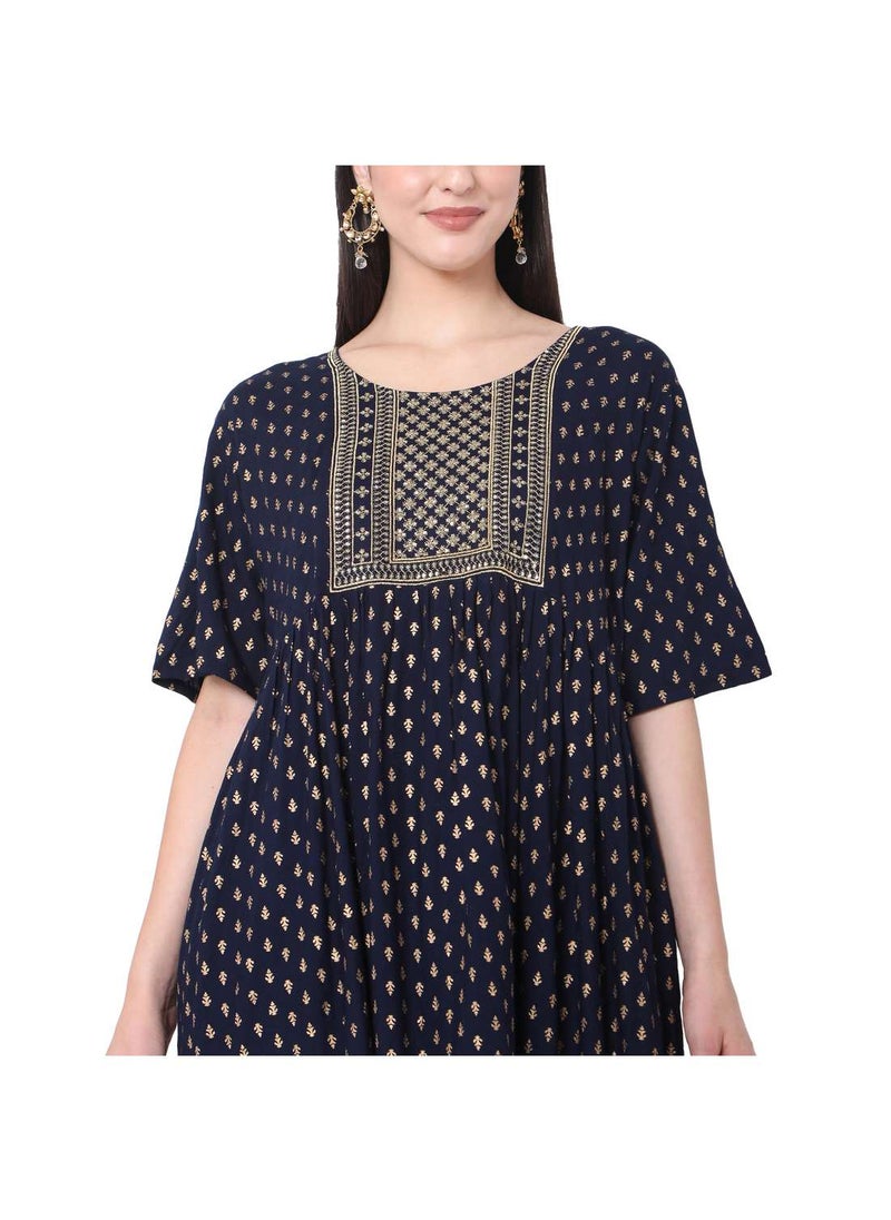 HANA & SARA - SHORT BLUE DRESS WITH GOLD PRINT AND EMBROIDRED ARABIC JALABIYA DRESS - Image 1