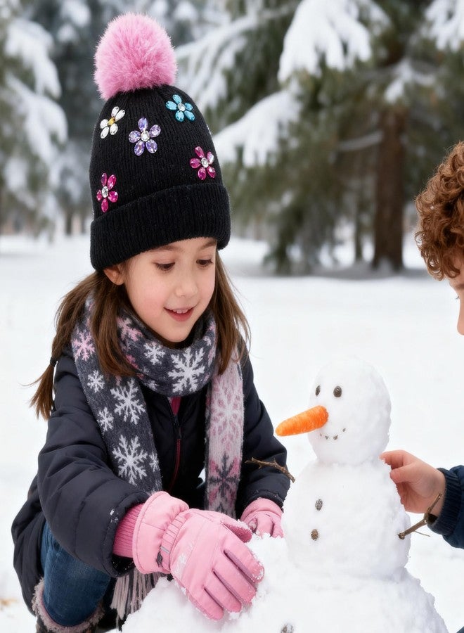 PinkSheep Toddler Winter Hat,Cute Girls Warm Beanie with Pom Pom and Fleece Lined Winter Hats,Fashion Kids Knit Beanies Cap, Flower, 7-14 Years - Image 2