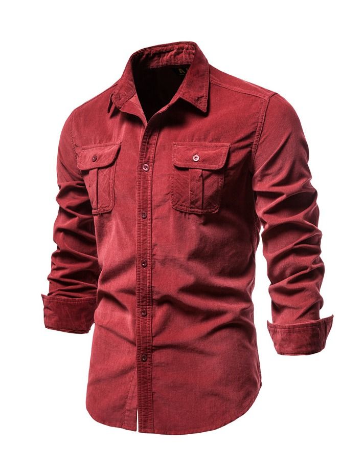 Loquat Men's Business Shirt Slim Casual Corduroy Shirt 