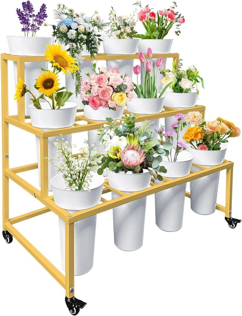 OGFC 39912 Portable Flower Display Stand , Flower Cart, Flower Stand Metal with Wheels, Moving Florist Bouquet Shelf (Gold, 3-tier) - Image 1