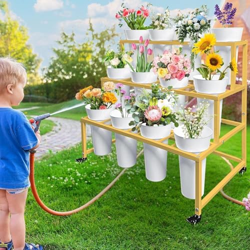 OGFC 39912 Portable Flower Display Stand , Flower Cart, Flower Stand Metal with Wheels, Moving Florist Bouquet Shelf (Gold, 3-tier) - Image 2