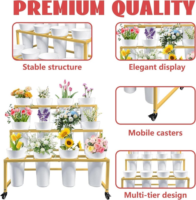 OGFC 39912 Portable Flower Display Stand , Flower Cart, Flower Stand Metal with Wheels, Moving Florist Bouquet Shelf (Gold, 3-tier) - Image 4
