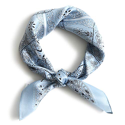 MEISEE Pure Mulberry Silk Scarfs Women Small Square Scarf 21" x 21" Breathable Lightweight Neckerchief Printed Headscarf (A-40 Light Blue) - Image 1