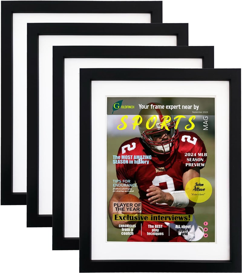 4 Packs Sports Magazine Frames Displays Magazines Measuring 85 x 1125 or 825 x 11 inches with Double White Core Matting Deep Frame Moulding with Installed Hangers