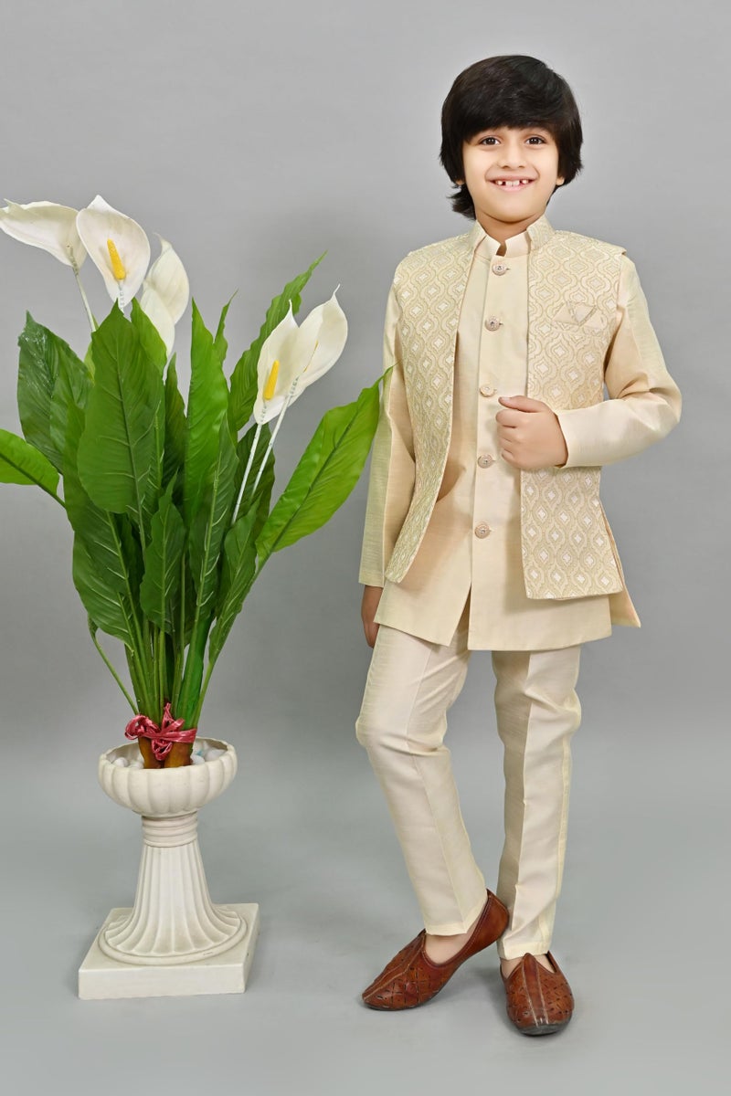 AHHAAAA Kids Indian Ethnic Velvet Waistcoat Silk Kurta Pyjama Set Bollywood Style Wedding Ethnic for Boys (Cream, 8-9 Years), Solid - Image 2
