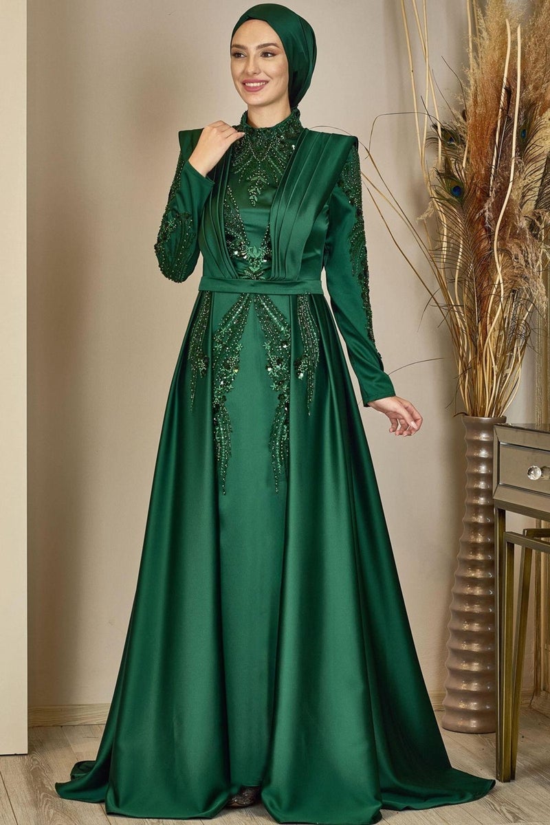 Esilanur Draped Front Beaded Tailed Miranda Hijab Evening Dress Emerald  - Image 1