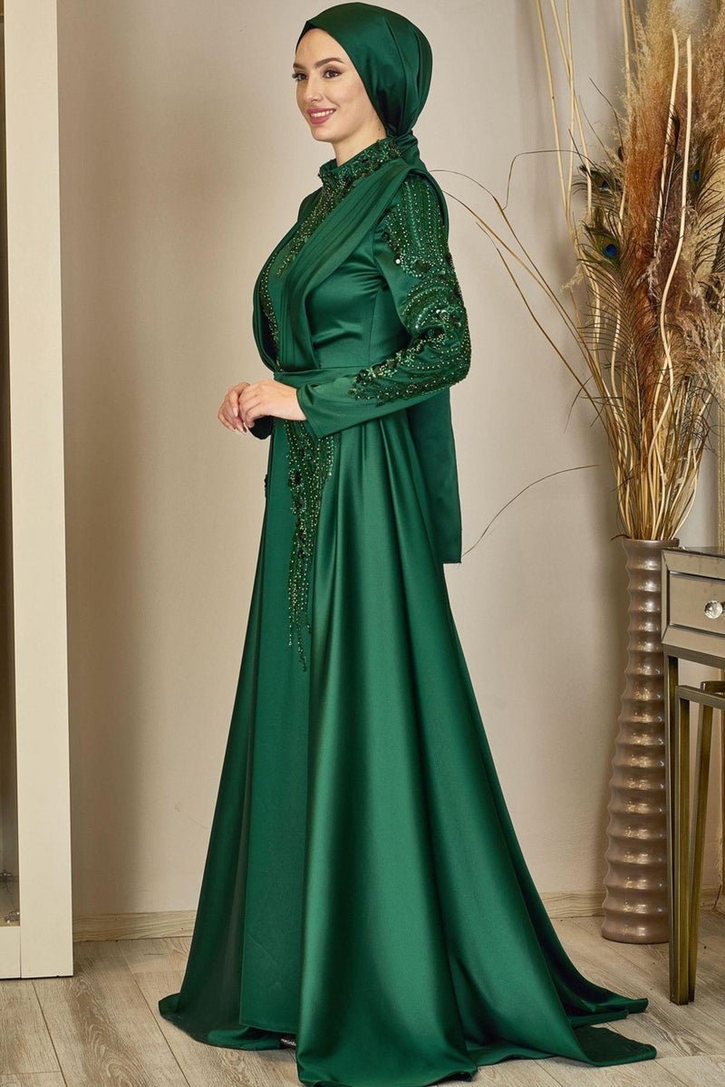 Esilanur Draped Front Beaded Tailed Miranda Hijab Evening Dress Emerald  - Image 4