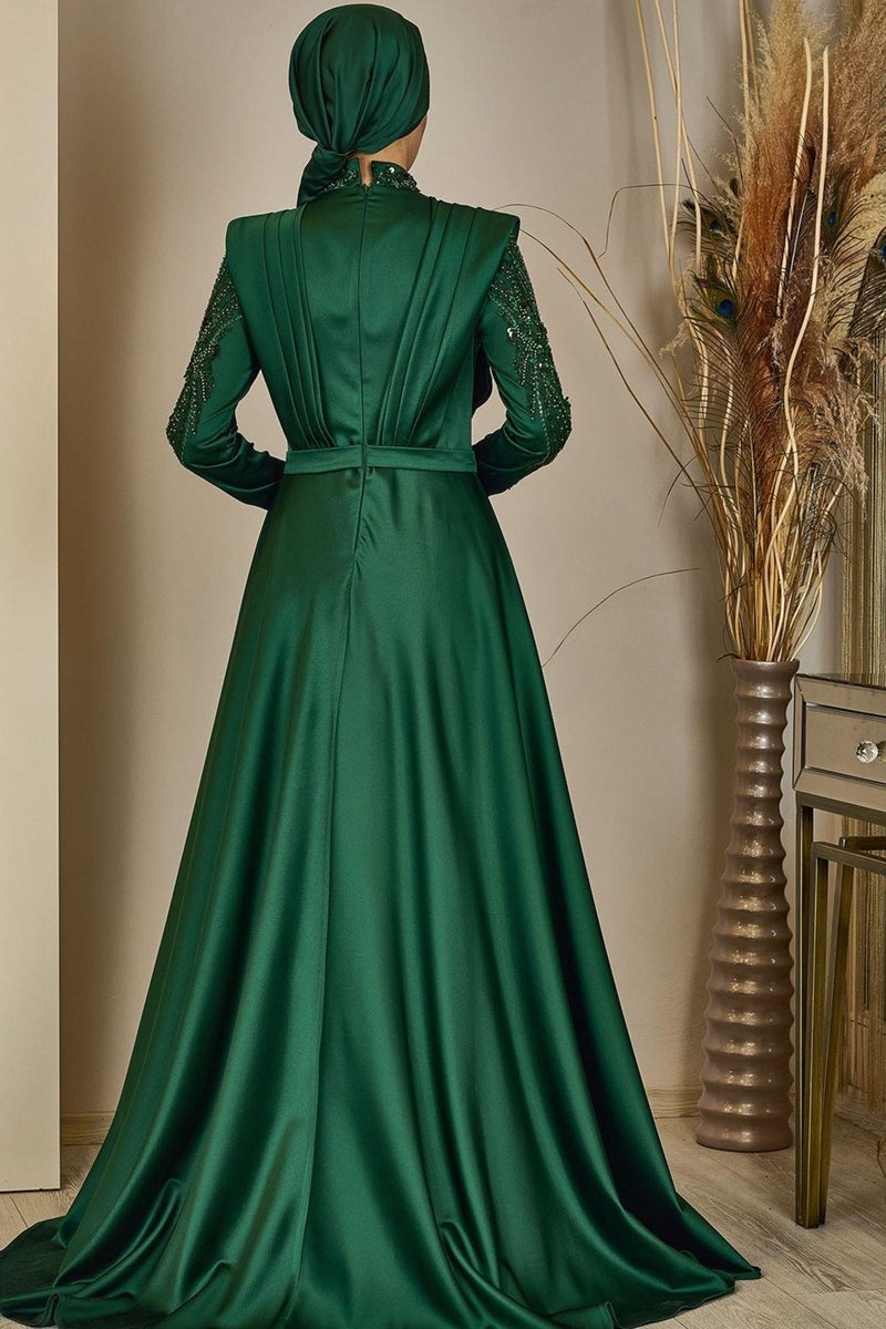 Esilanur Draped Front Beaded Tailed Miranda Hijab Evening Dress Emerald  - Image 3