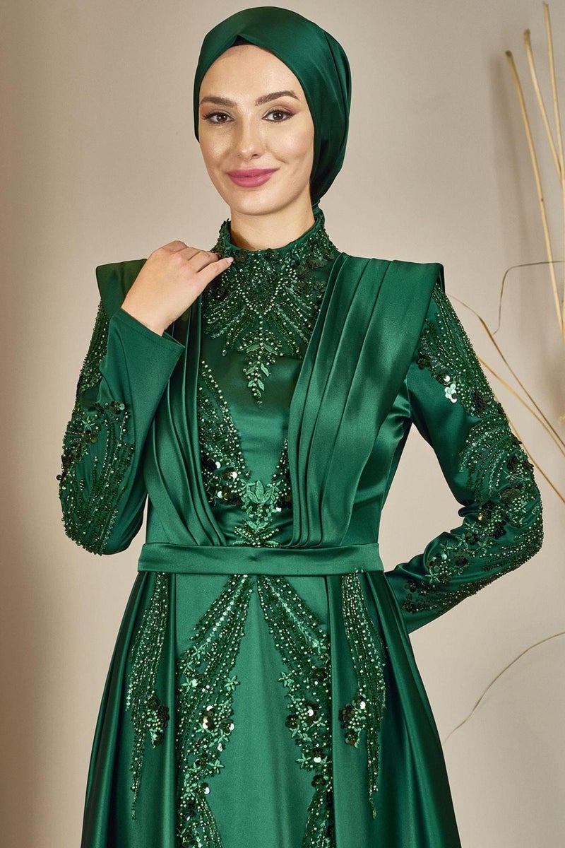 Esilanur Draped Front Beaded Tailed Miranda Hijab Evening Dress Emerald  - Image 2