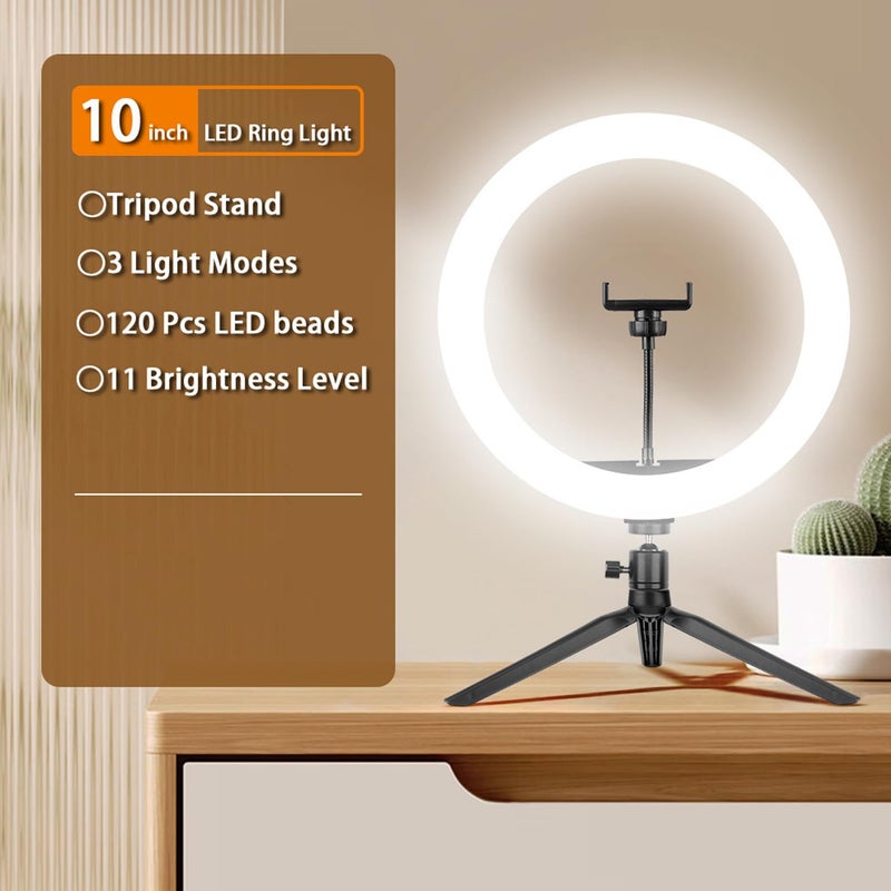 MOYAWSDGN 10" Desk Ring Light with Tripod Stand, 3 Light Modes & 11 Brightness Level, Adjustable Selfie Phone Halo Light with Cell Phone Holder for Video Recording, Makeup, Computer Laptop Zoom Meeting - Image 2