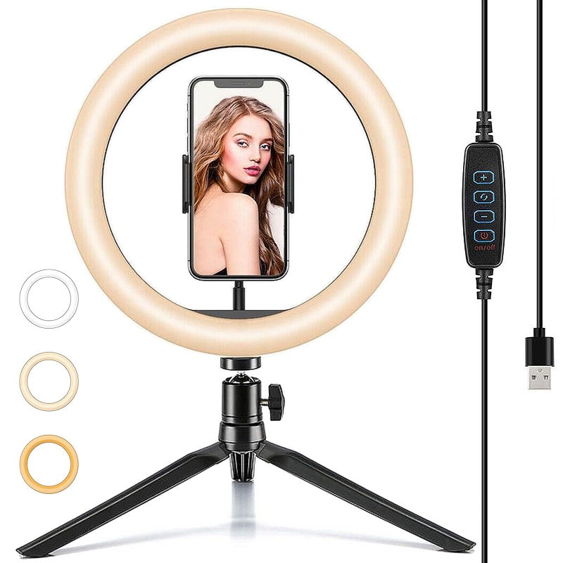 MOYAWSDGN 10" Desk Ring Light with Tripod Stand, 3 Light Modes & 11 Brightness Level, Adjustable Selfie Phone Halo Light with Cell Phone Holder for Video Recording, Makeup, Computer Laptop Zoom Meeting - Image 1