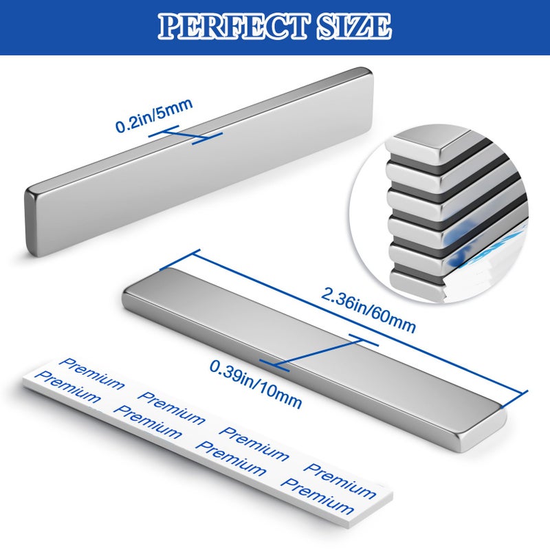 Grtard 12Pack Strong Neodymium Bar Magnets with Double-Sided Adhesive, Powerful Heavy Duty Rare Earth Magnet, Magnetic Strip for Fridge, Garage, Kitchen, Science, Craft, Office, DIY - 60x10x3mm - Image 2