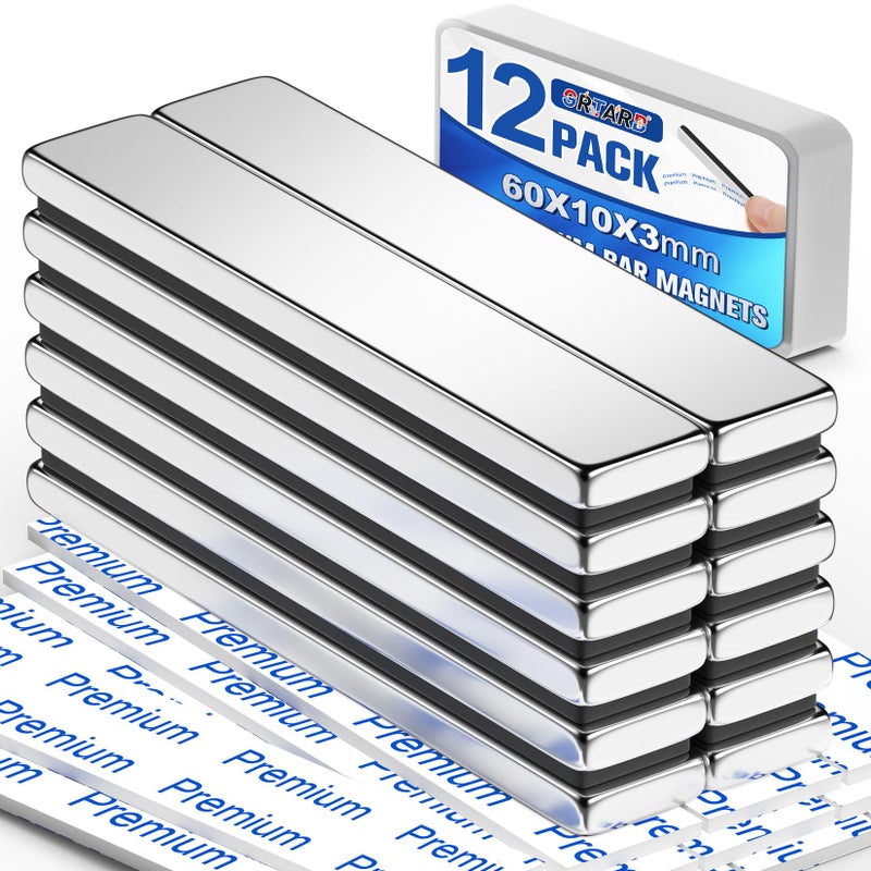 Grtard 12Pack Strong Neodymium Bar Magnets with Double-Sided Adhesive, Powerful Heavy Duty Rare Earth Magnet, Magnetic Strip for Fridge, Garage, Kitchen, Science, Craft, Office, DIY - 60x10x3mm - Image 1