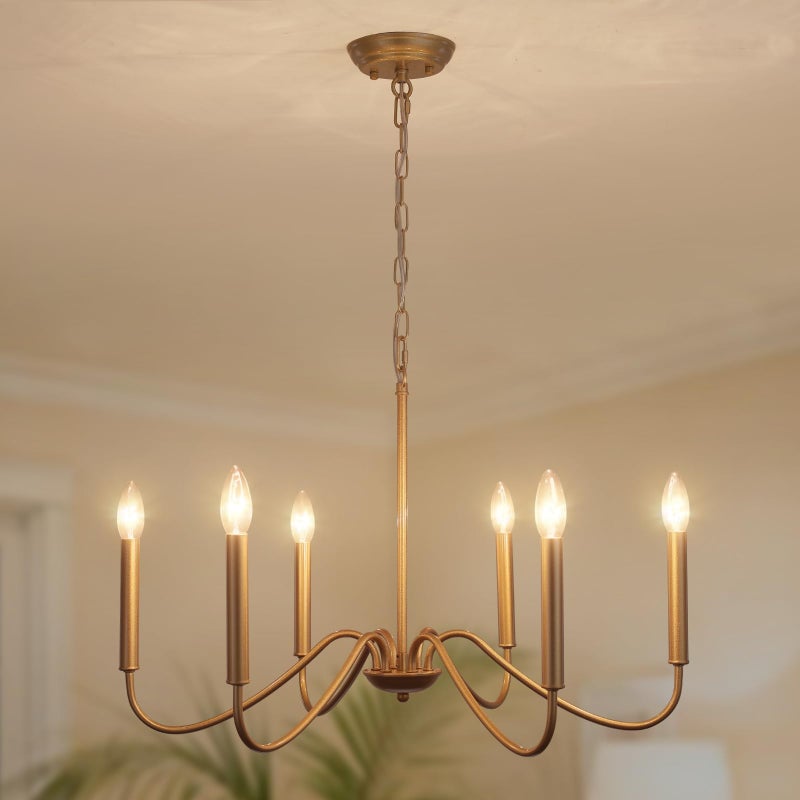 Generies Antique Spray Gold Farmhouse Chandelier, 6 Light Rustic Dining Room Light Fixtures, Modern Industrial Chandeliers Candle Ceiling Light for Bedroom Foyer Living Room Kitchen Island Entryway - Image 1
