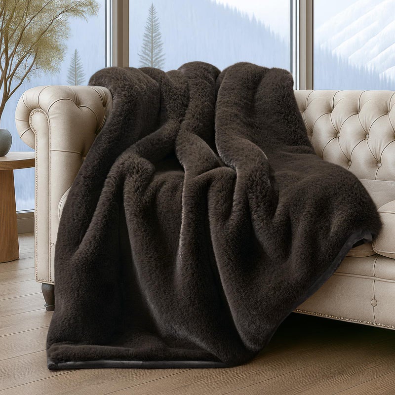 EVERGRACEHOME Luxury Soft Faux Chinchilla Fur Throw Blanket for Couch, Warm Thick Heavy Winter Throw Blanket 1220GSM for Bed, Fluffy Cozy Mink Blanket with Reversible Velvet, Espresso Mink, 60"x80" - Image 1